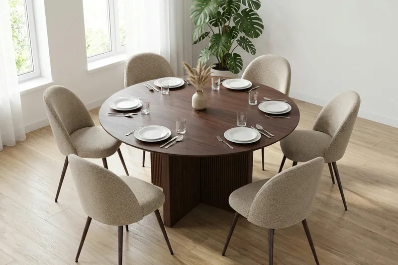 Edda spisegruppe rundt 150 cm valnøtt med 6 Nibe Plus spisestoler - Møbler - Bord - Spisegrupper