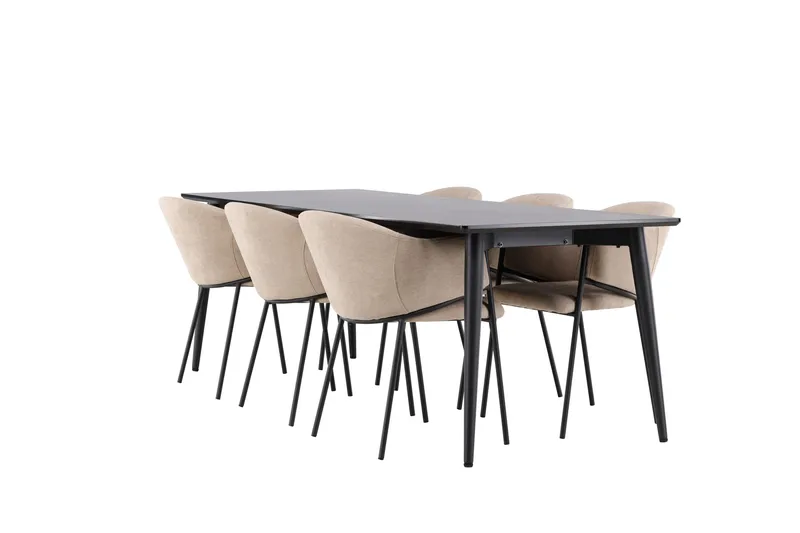 Ellis Spisegruppe 230 cm Rektangulær med 6 Evelina stoler, Svart/Beige