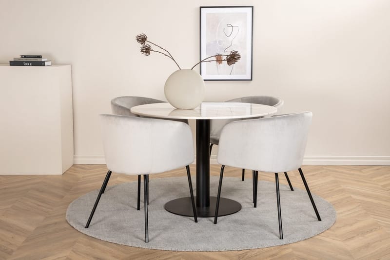 Estelle rund spisegruppe 106 cm med 4 Berit spisestoler, lysegrått fløyelsstoff