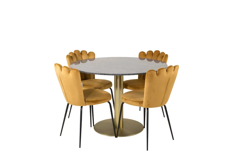 Estelle Spisegruppe 106 cm Rund med 4 Limhamn Stoler, Sort/Guld