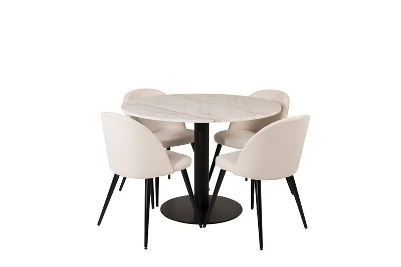Estelle Spisegruppe 106 cm Rund med 4 Velvet Stoler, Beige