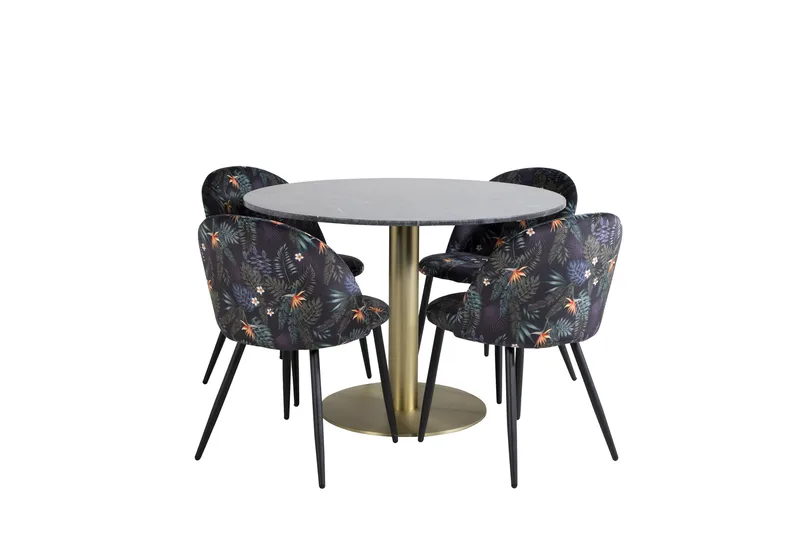 Estelle Spisegruppe 106 cm Rund med 4 Velvet Stoler, Sort/Guld
