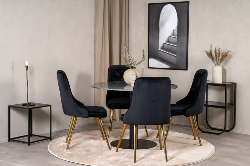 Estelle Spisegruppe 106 cm Rund med 4 Velvet Stoler - Sort/Guld - Møbler - Bord - Spisegrupper