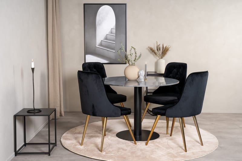 Estelle Spisegruppe 106 cm Rund med 4 Velvet Stoler - Sort/Guld - Møbler - Bord - Spisegrupper