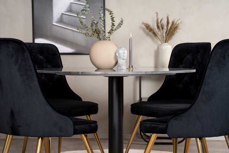 Estelle Spisegruppe 106 cm Rund med 4 Velvet Stoler - Sort/Guld - Møbler - Bord - Spisegrupper