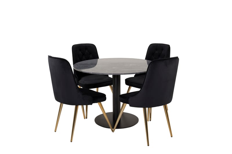 Estelle Spisegruppe 106 cm Rund med 4 Velvet Stoler - Sort/Guld - Møbler - Bord - Spisegrupper