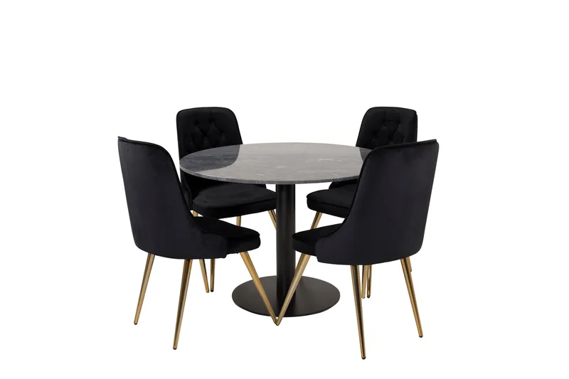 Estelle Spisegruppe 106 cm Rund med 4 Velvet Stoler - Sort/Guld - Møbler - Bord - Spisegrupper