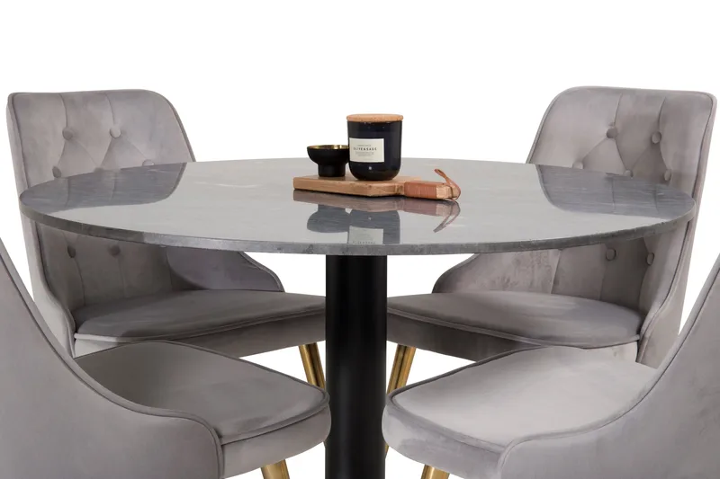 Estelle Spisegruppe 106 cm Rund med 4 Velvet Stoler - Sort/Guld - Møbler - Bord - Spisegrupper
