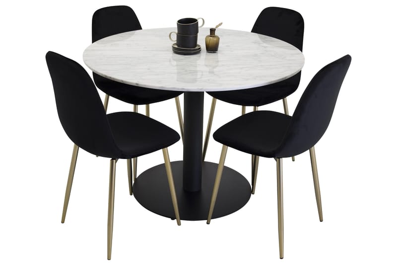 Estelle Spisegruppe 106 cm Rund med 4 Polar Stoler, Sort/Guld