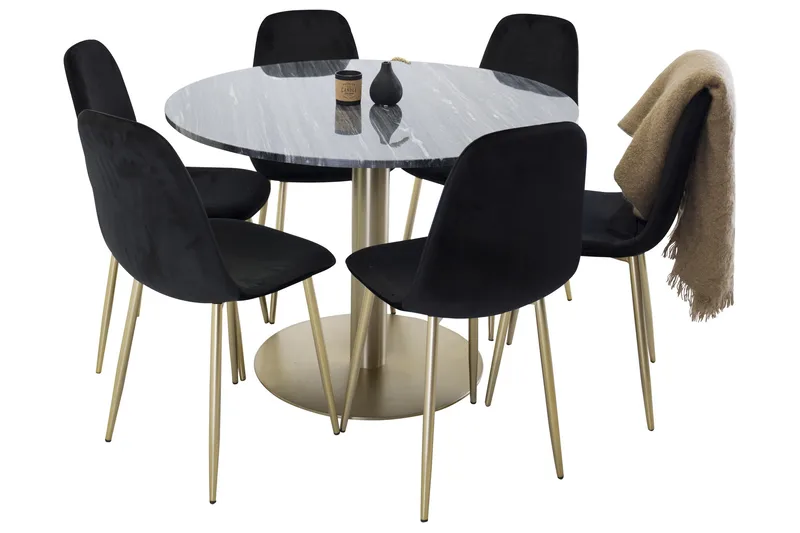 Estelle Spisegruppe 106 cm Rund med 6 Polar Stoler, Sort/Guld