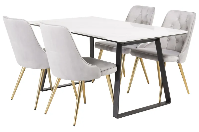 Estelle Spisegruppe 140 cm Rektangulær med 4 Velvet Stoler, Sort/Guld