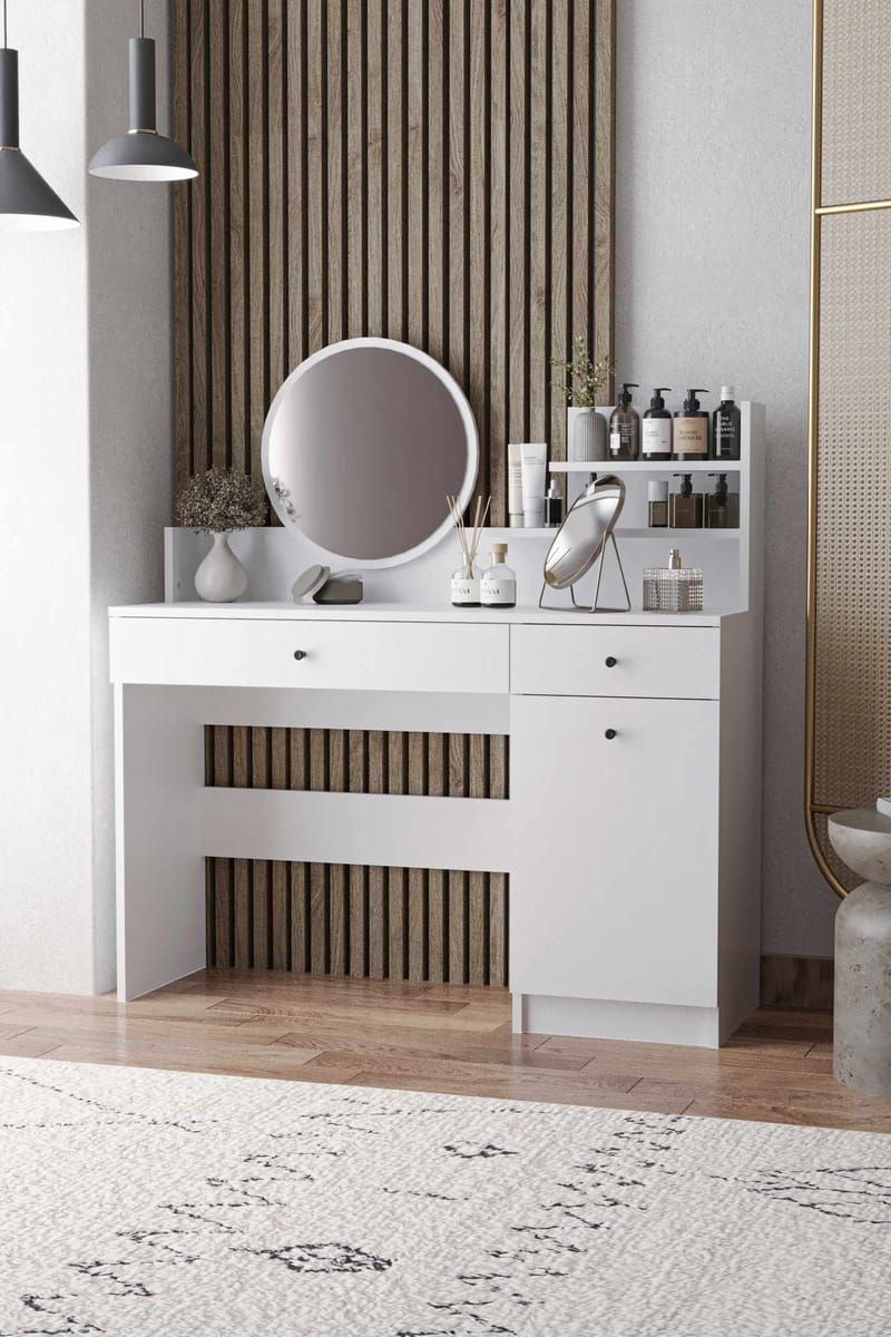 Fabrony sminkebord med speil 124 cm - Hvit - Møbler - Bord - Sminkebord & toalettbord - Sminkebord med speil