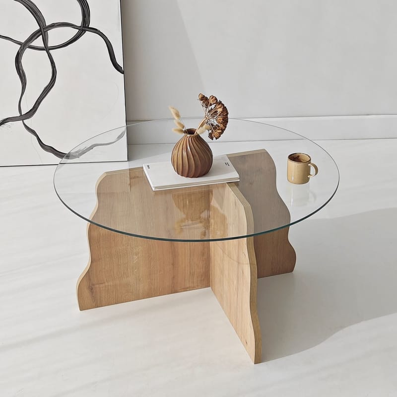 Fikret sofabord 75 cm rundt glass - Safir Eik og Transparent - Møbler - Bord - Sofabord