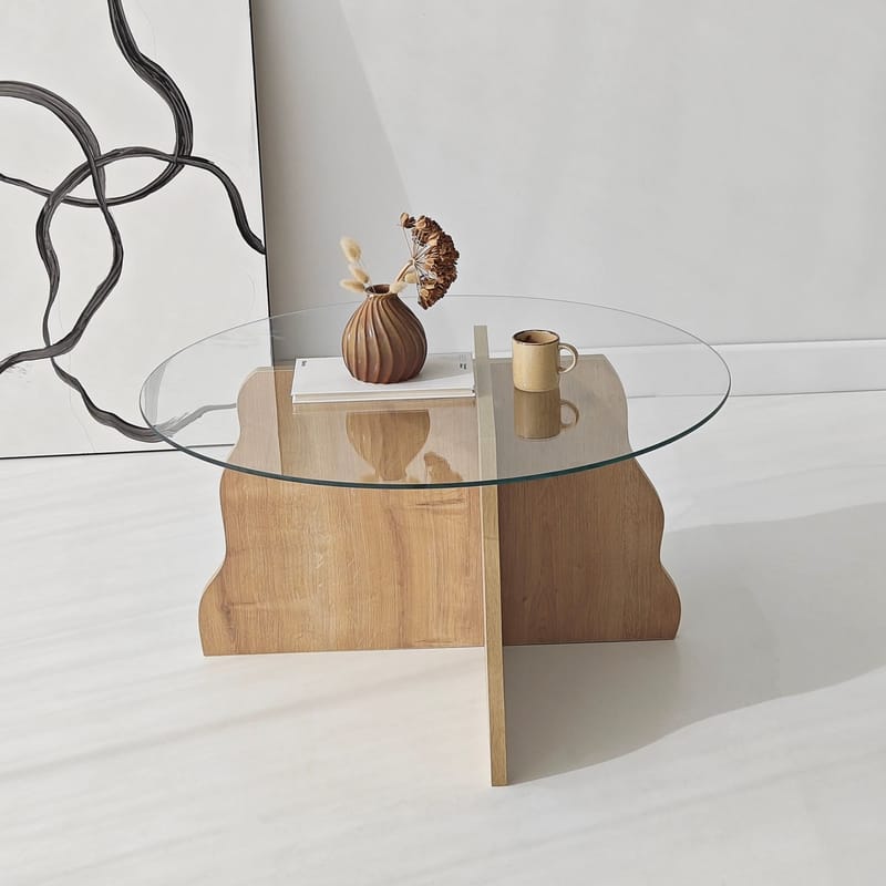 Fikret sofabord 75 cm rundt glass - Safir Eik og Transparent - Møbler - Bord - Sofabord