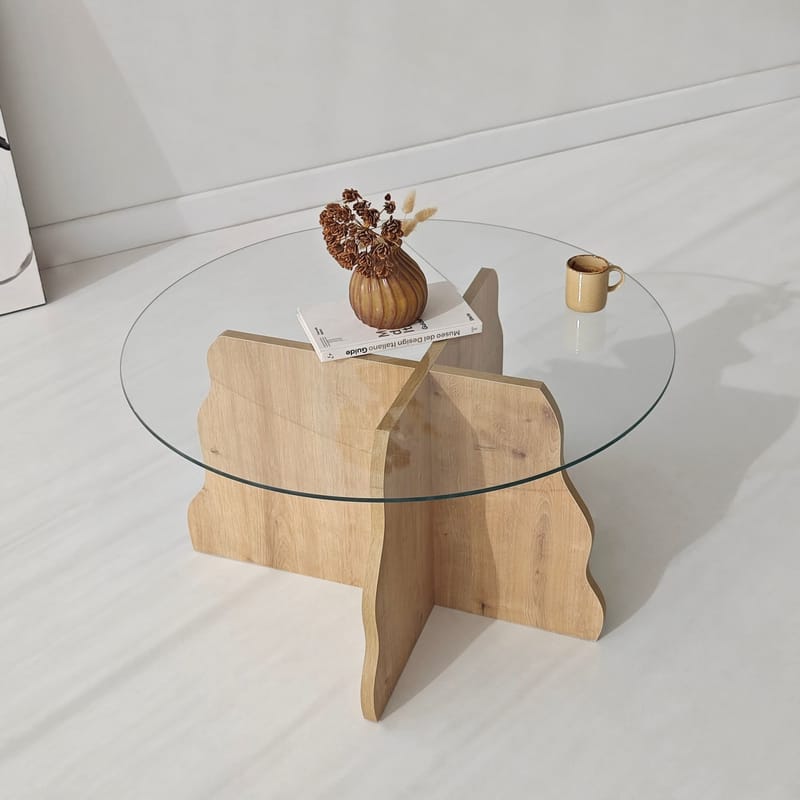 Fikret sofabord 75 cm rundt glass - Safir Eik og Transparent - Møbler - Bord - Sofabord