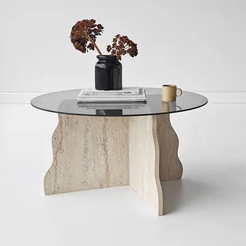 Fikret sofabord 75 cm rundt glass - Travertin og Røkt - Møbler - Bord - Sofabord