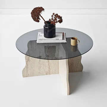Fikret sofabord 75 cm rundt glass - Travertin og Røkt - Møbler - Bord - Sofabord