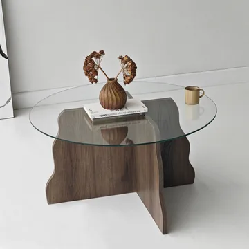 Fikret sofabord 75 cm rundt glass - Valnøtt og Transparent - Møbler - Bord - Sofabord