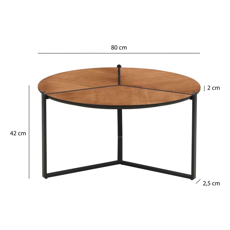 Fralor rundt salongbord 80 cm med trelook og metallben - treutseende / matt svart - Møbler - Bord - Sofabord