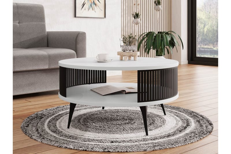 Galia 75 cm Rundt Sofabord med Hyller og Lamellsider i Tre - Sort|Hvit - Møbler - Bord - Sofabord
