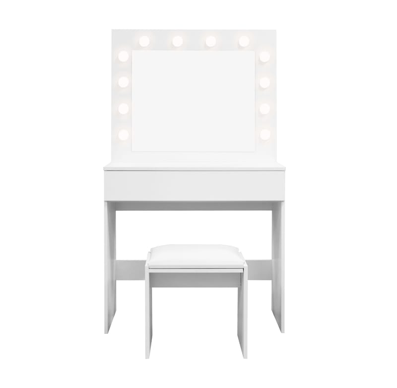 Glow Lite sminkebord 80 cm med speil, skuffer og krakk – LED-belysning - Hvit - Møbler - Bord - Sminkebord & toalettbord
