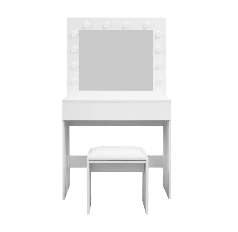 Glow Lite sminkebord 80 cm med speil, skuffer og krakk – LED-belysning, Hvit