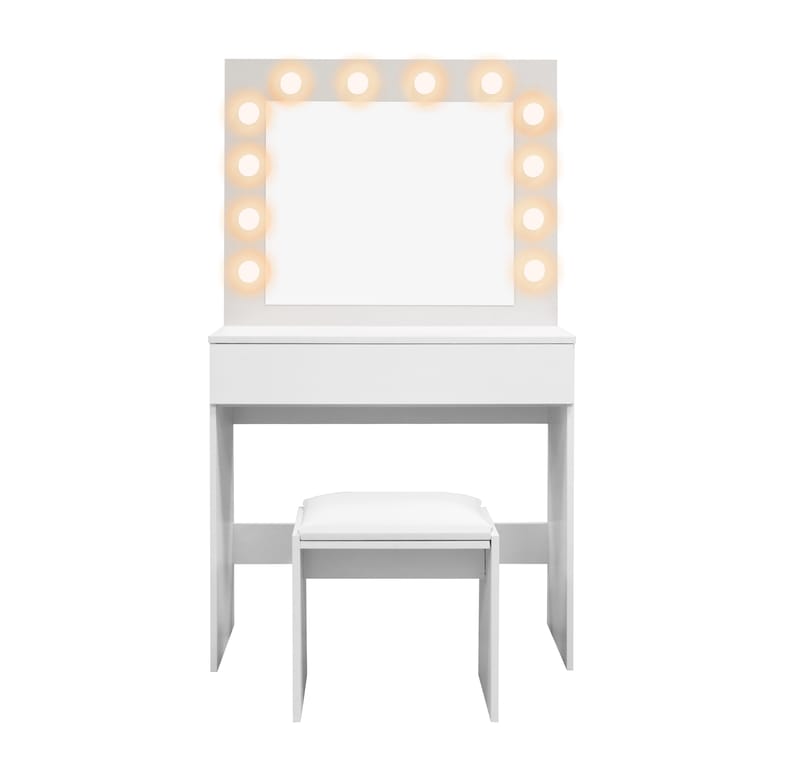 Glow Lite sminkebord 80 cm med speil, skuffer og krakk – LED-belysning - Hvit - Møbler - Bord - Sminkebord & toalettbord