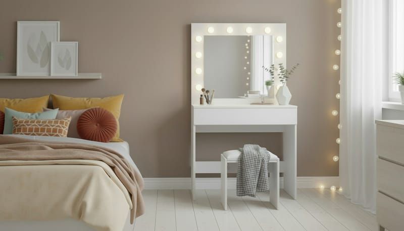 Glow Lite Sminkebord 80 cm med speil skuffer og krakk - LED Belysning - Hvit - Møbler - Bord - Sminkebord & toalettbord