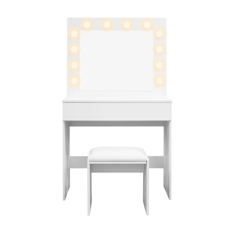 Glow Lite Sminkebord 80 cm med speil skuffer og krakk - LED Belysning - Hvit - Møbler - Bord - Sminkebord & toalettbord