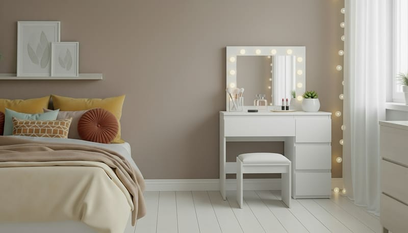 Glow Sminkebord 94 cm med speil skuffer og krakk - LED Belysning - Hvit - Møbler - Bord - Sminkebord & toalettbord