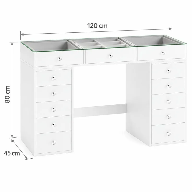 Glow stort sminkebord med glassplate – oppbevaring med skuffer og rom 120 cm - Hvit - Møbler - Bord - Sminkebord & toalettbord