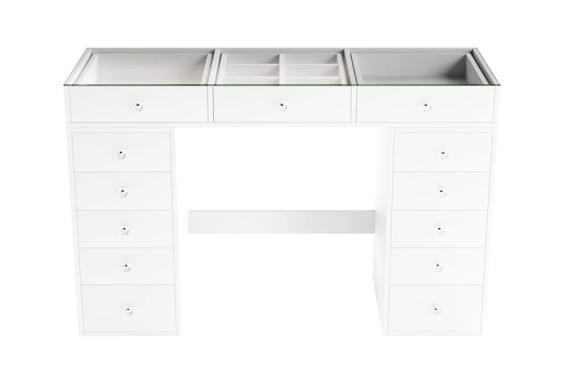 Glow Stort sminkebord med glassplate – oppbevaring med skuffer og rom 120 cm - Hvit