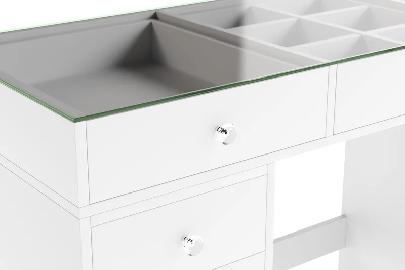 Glow Stort sminkebord med glassplate Oppbevaring med skuffer og rom 120 cm - Hvit - Møbler - Bord - Sminkebord & toalettbord