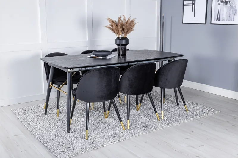 Gold Spisegruppe Forlengningsbar 180-220 cm Rektangulær med 6 Velvet Stoler - Sort/Guld - Møbler - Bord - Spisegrupper