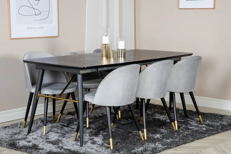 Gold Spisegruppe Forlengningsbar 180-220 cm Rektangulær med 6 Velvet Stoler - Sort/Guld - Møbler - Bord - Spisegrupper