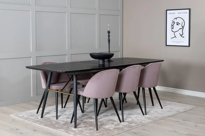Gold uttrekkbart spisebord 180 cm med 6 Velvet spisestoler i kordfløyel