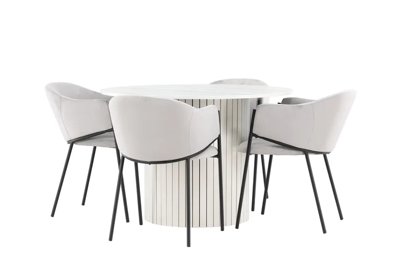 Härön Spisegruppe 110 cm Rund med 4 Evelina stoler, Hvid/Grå