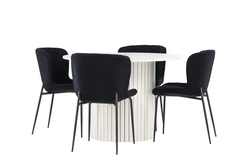 Härön Spisegruppe 110 cm Rund med 4 Modesto stoler, Hvid/Sort