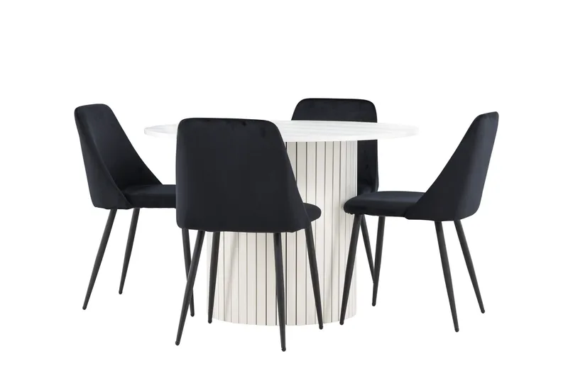 Härön Spisegruppe 110 cm rund med 4 Night stoler, Hvit/Svart