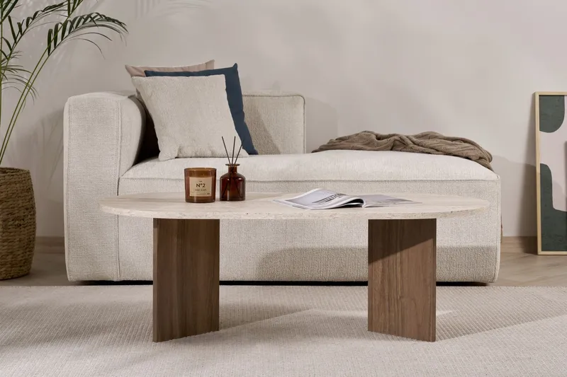 Hasina Ovalt Sofabord 119x60 cm med Travertin- og Valnøttutseende - Beige - Møbler - Bord - Sofabord