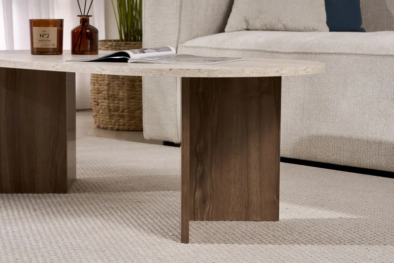 Hasina Ovalt Sofabord 119x60 cm med Travertin- og Valnøttutseende - Beige - Møbler - Bord - Sofabord