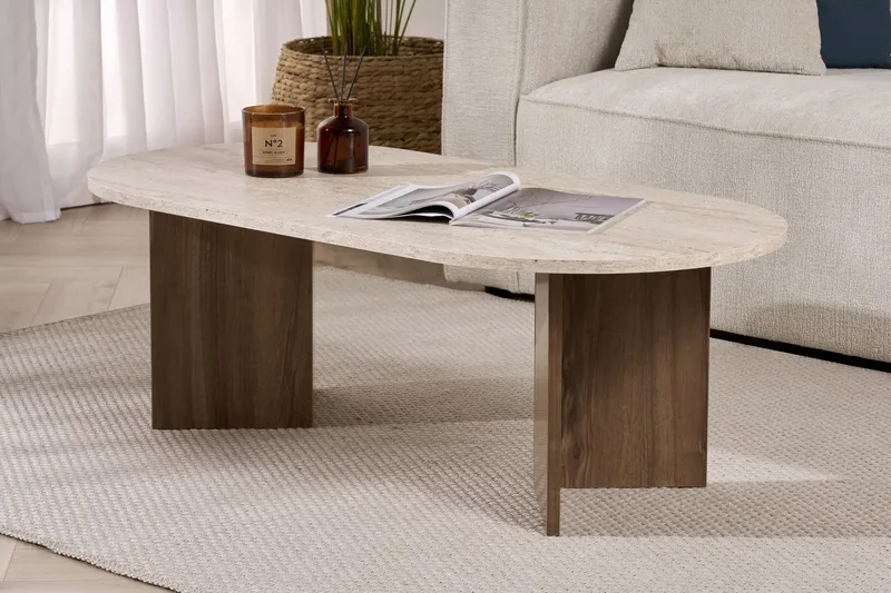 Hasina Ovalt Sofabord 119x60 cm med Travertin- og Valnøttutseende - Beige - Møbler - Bord - Sofabord