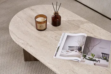 Hasina Ovalt Sofabord 119x60 cm med Travertin- og Valnøttutseende - Beige - Møbler - Bord - Sofabord