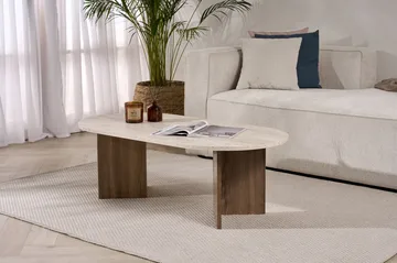 Hasina Ovalt Sofabord 119x60 cm med Travertin- og Valnøttutseende - Beige - Møbler - Bord - Sofabord