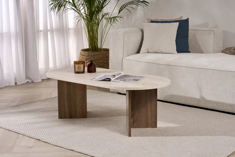 Hasina Ovalt Sofabord 119x60 cm med Travertin- og Valnøttutseende - Beige - Møbler - Bord - Sofabord