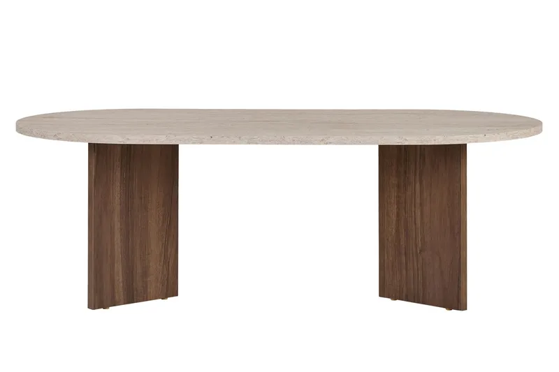 Hasina Ovalt Sofabord 119x60 cm med Travertin- og Valnøttutseende - Beige - Møbler - Bord - Sofabord