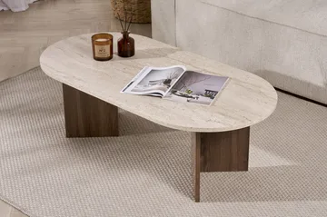 Hasina Ovalt Sofabord 119x60 cm med Travertin- og Valnøttutseende - Beige - Møbler - Bord - Sofabord