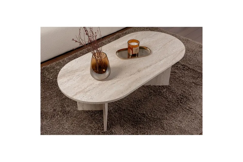 Hasina Ovalt Sofabord 119x60 cm med Travertinutseende - Hvit - Møbler - Bord - Sofabord