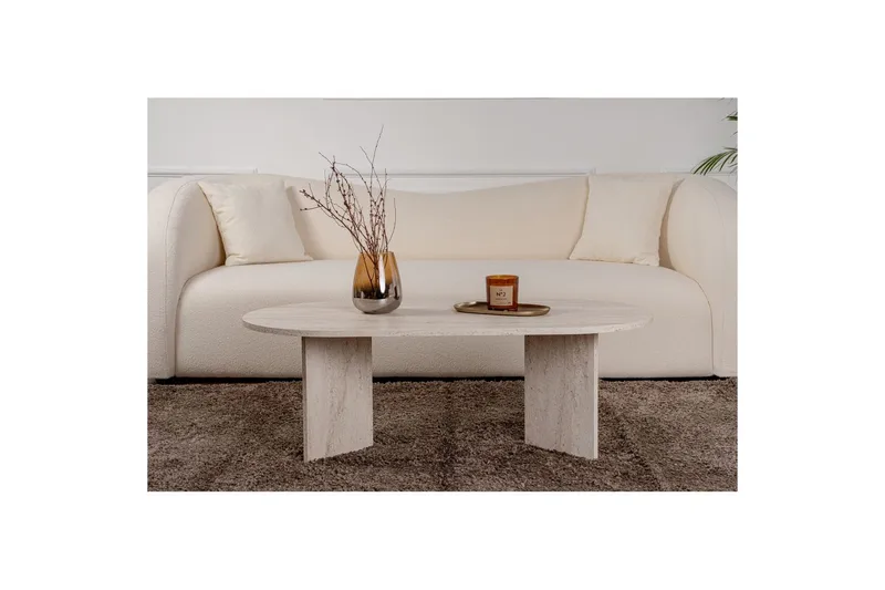 Hasina Ovalt Sofabord 119x60 cm med Travertinutseende - Hvit - Møbler - Bord - Sofabord