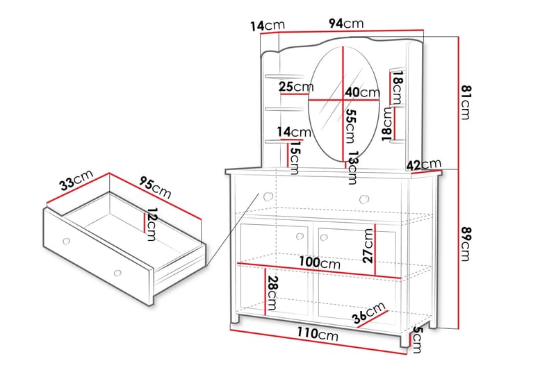 Hilts Sminkebord 110x42 cm - Hvit/Rosa - Møbler - Bord - Sminkebord & toalettbord - Sminkebord med speil